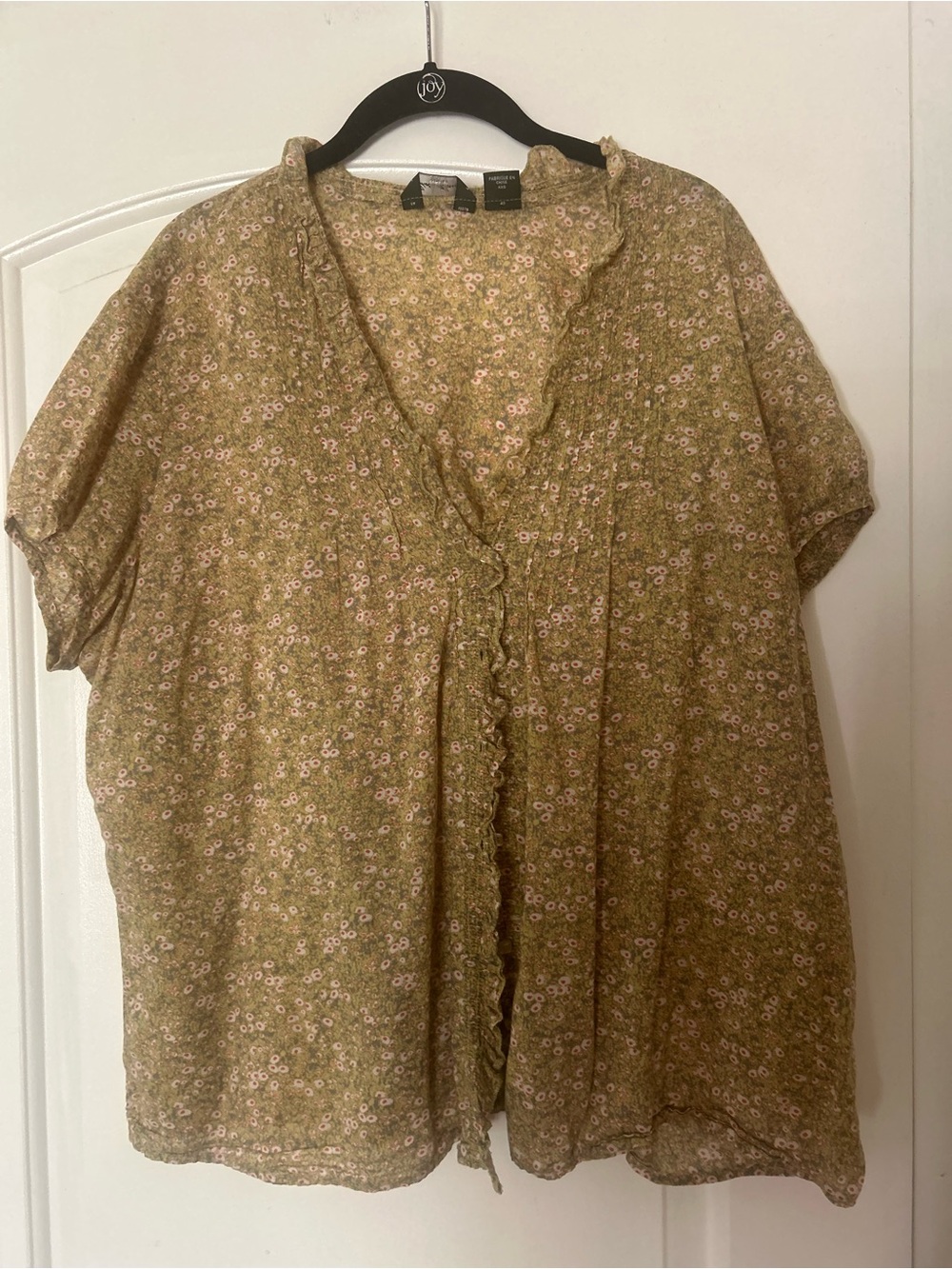 Eddie Bauer Olive Green Floral Ruffle Front Blouse